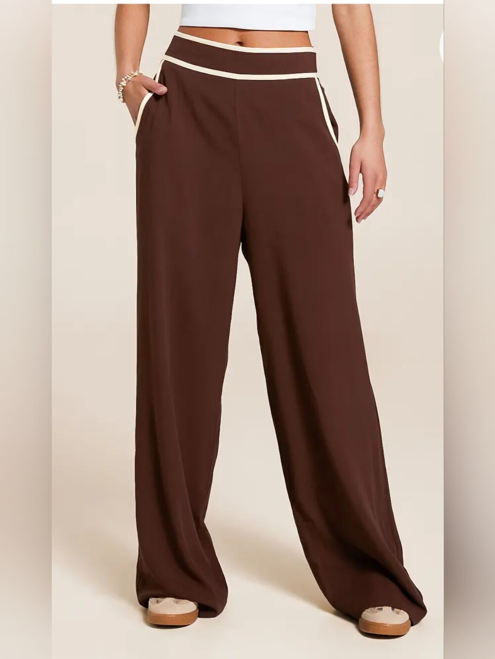 BLU PEPPER High rise Wide Leg Linen Blend Contrast Trim pants Brown/white Large